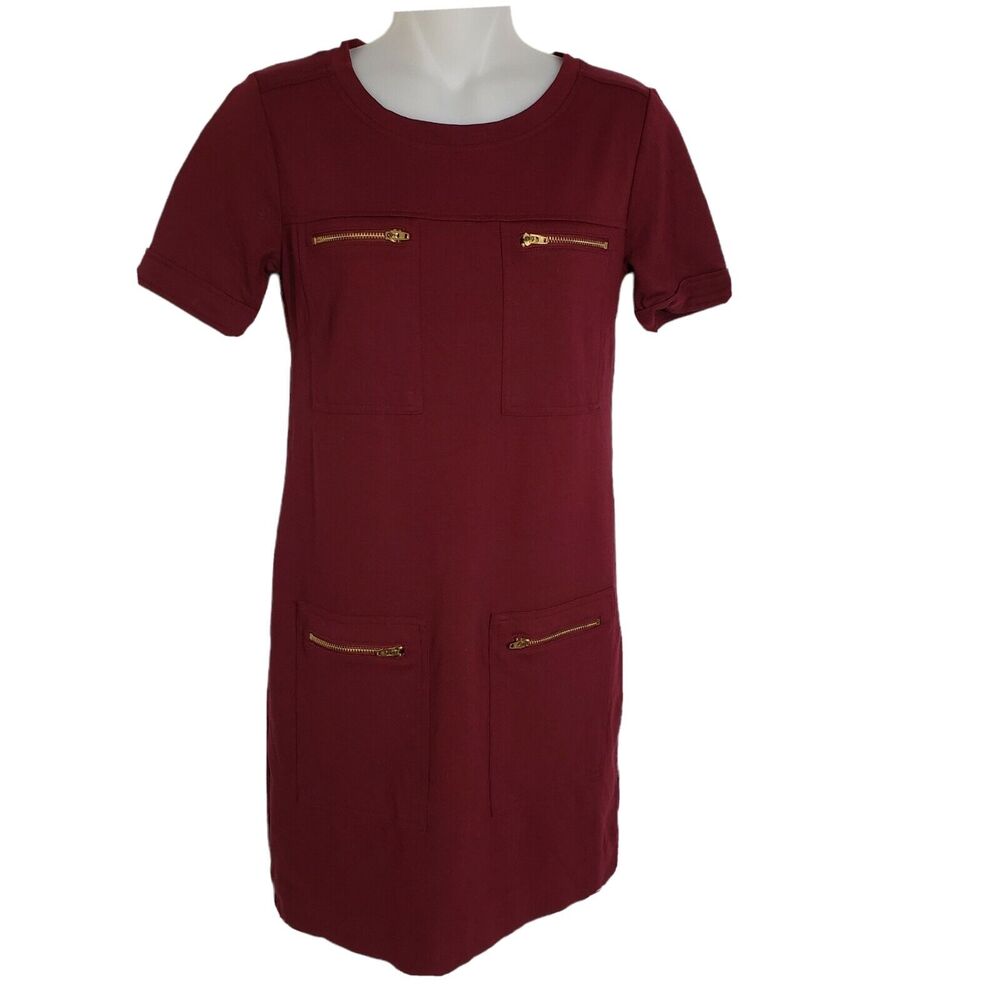 J Crew Womens Dress Size 00 Maroon Zipper Ponte Shift Short Sleeve Pockets